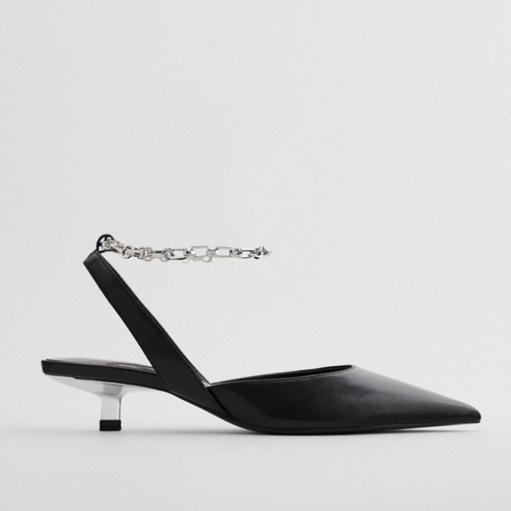 NWT ZARA Slingback Kitten Heel Shoes With Chain